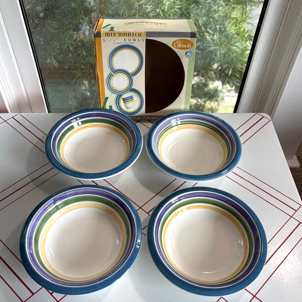 Vintage Gibson Candy Stripe Blue Purple and Green and Yellow Bowls Set of 4 8.25